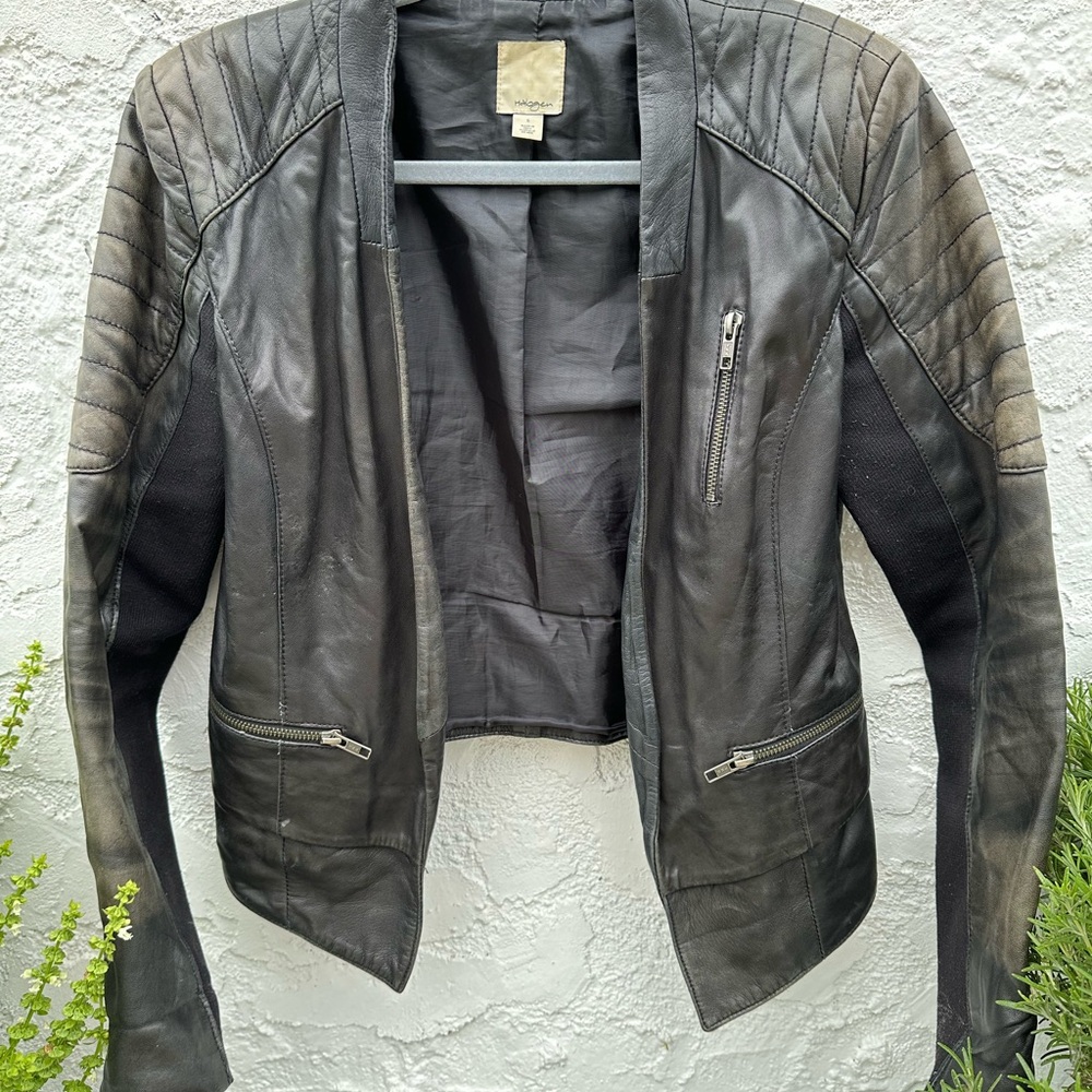 Halogen Black Leather Jacket with Quilted Detail